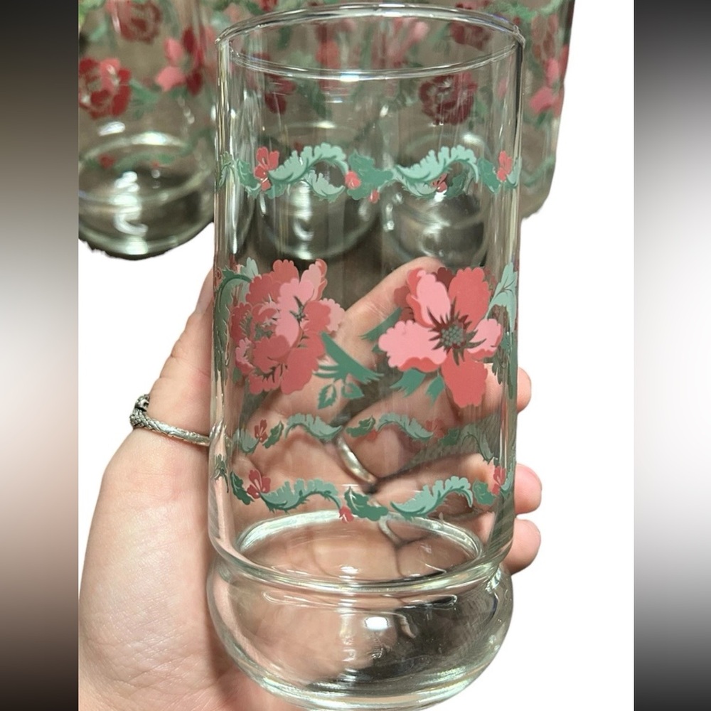 Vintage Floral Tumbler Glasses Pink Flowers Mid Century Iced Tea Set Of 4 - Picture 2 of 4